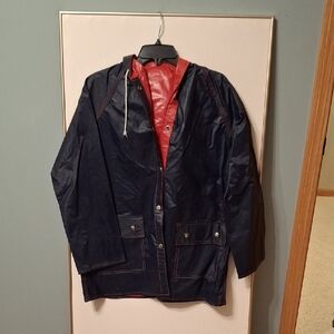 Unisex Navy and Red Hooded Retro Rain Jacket